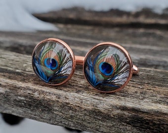 Peacock Eye Feather Graduation Gift Handmade Cuff Links Round Glass Wedding 