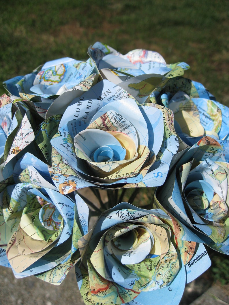 One Dozen Vintage MAP Paper Roses. Handmade Bouquet. Other Colors Available. CUSTOM ORDERS Welcome. image 2