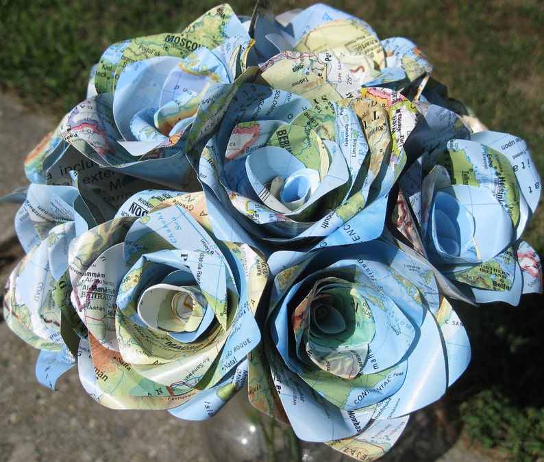 One Dozen Vintage MAP Paper Roses. Handmade Bouquet. Other Colors Available. CUSTOM ORDERS Welcome. image 1