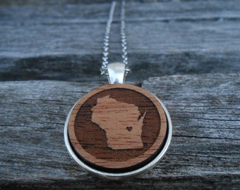 State Necklace. CHOOSE YOUR STATE. Laser Engraved Wood. Wedding, Men, Women, Bridesmaid Gift. Map. Wisconsin Necklace