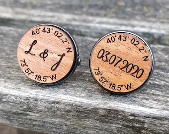 Custom Coordinate Cufflinks. Personlized Monogram. Wedding, Men's, Groom Gift, Fifth Anniversary Gift, Valentine's Day. Custom, Wood.