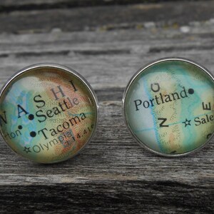 Vintage kaartmanchetknopen. Kies je plaatsen! Uniek cadeau, bruiloft, bruidegom, verjaardag. Seattle, Portland
