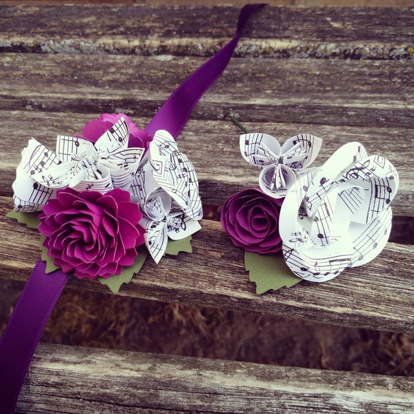Sheet Music Corsage & Boutonniere SET. CHOOSE Your COLORS. Wrist or Pin-On. Weddings, Prom, Homecoming, Etc.