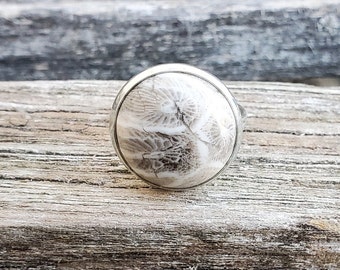 Anello in pietra Petoskey. Color argento. Corallo fossilizzato. Matrimonio, regalo di Natale, regalo di anniversario. Michigan