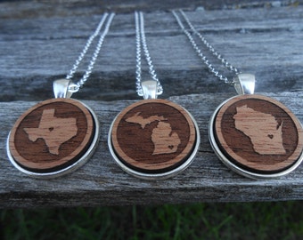 CHOOSE YOUR STATE Necklace. Laser Engraved Wood. Wedding, Men, Women, Unique Gift. Texas, Michigan, Wisconsin, Hawaii, New York