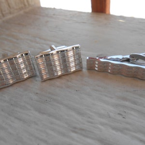 Vintage Silver Cufflinks, Tie Clip Set. Modern. Groom, Wedding, Christmas Gift, Dad, Groomsmen