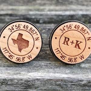 Custom Coordinate Cufflinks. State, Personalized Monogram, Date. Wedding, Groom Gift, Fifth Anniversary Gift. Groomsmen. Wood.