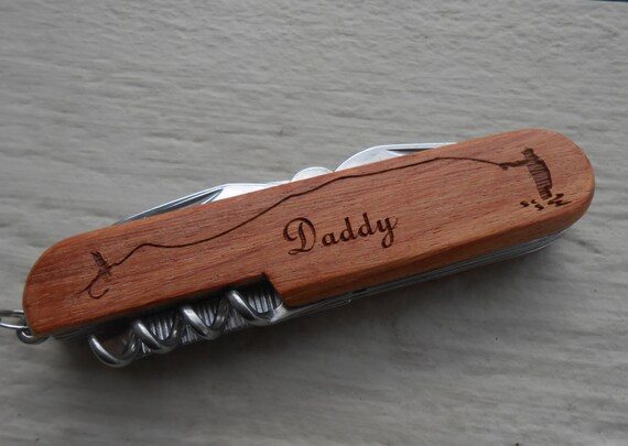 FLY FISHING Pocket Knife, Laser Engraved Wood. Wedding, Men