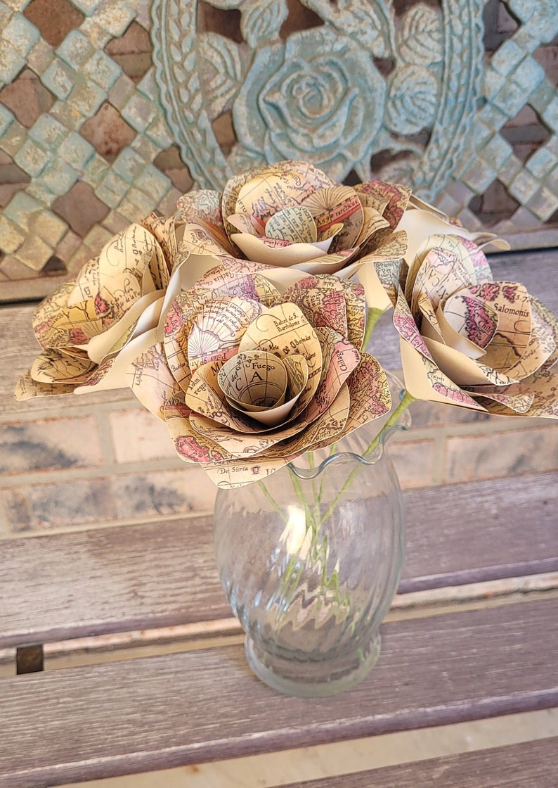Six Antique Map Paper Roses. Handmade Bouquet. Anniversary, Birthday ...