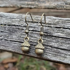 May include: A pair of bronze acorn earrings with a simple wire design. The earrings are small and delicate, perfect for everyday wear.