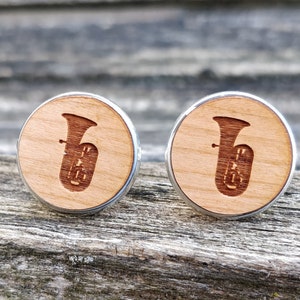 Tuba Cufflinks. Laser Engraved Wood. Wedding, Anniversary, Groomsmen Gift, Dad. Birthday. Sheet Music.