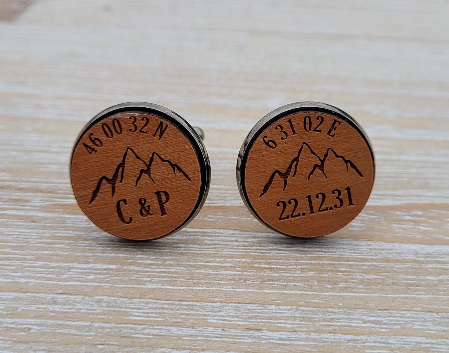 Custom Mountain Cufflinks. Personalized. Monogram, Date. Wedding, Groom Gift, Fifth Anniversary Gift. Groomsmen. Wood.