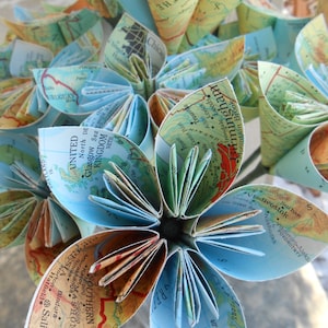 Vintage Map Paper Flower Bouquet, World Map. Origami Paper Flowers. Gifts, First Anniversary, Party, Home Decor, etc. CUSTOM ORDERS WELCOME image 1