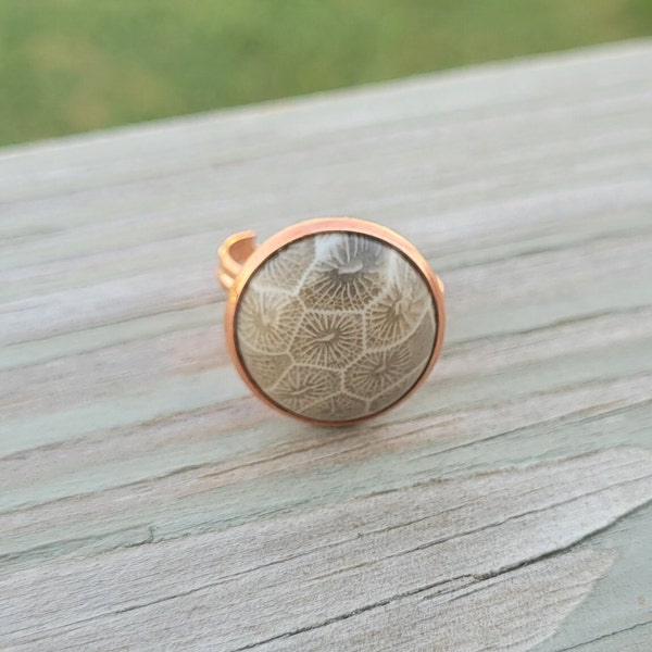 Petoskey Stone Ring. Rose Gold Colored. Fossilized Coral. Wedding, Christmas Gift, Anniversary Gift. Michigan