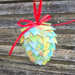 Vintage Pinecone Map Ornament. Christmas Gift, First Anniversary Gift, Gifts For Him, Gifts For Her, Christmas Decoration, Birthday Gift.