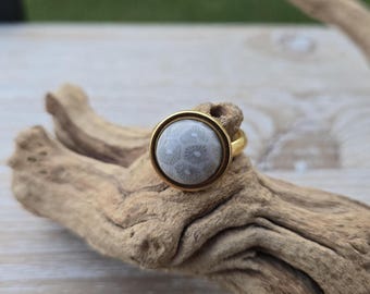 Petoskey Stone Ring. Gold Stainless Steel. 14mm, Fossilized Coral. Wedding, Christmas Gift, Anniversary Gift. Michigan Gift. Gift For Her