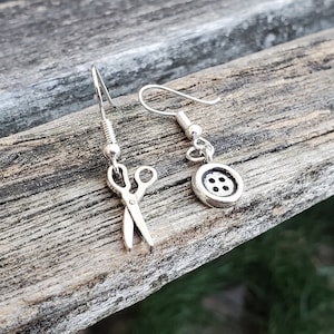 Scissor & Button Earrings. Silver. Wedding Gift, Bridesmaid, Mom, Anniversary Gift. Dangling