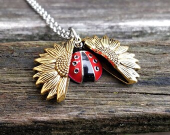 Ladybug & Sunflower Necklace. Sunflower Locket. Gift For Wedding, Bridesmaids, Kids, Anniversary, Birthday, Christmas.