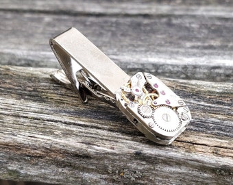 Reloj Steampunk con pinza para corbata. Regalo para bodas, hombres, novios, papás, padrinos de boda, aniversario, cumpleaños, día del padre. Reloj vintage.