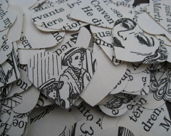 May include: A pile of white heart-shaped paper confetti with black text and illustrations. The text includes words like "Craven", "He di", "servants", "just a cop", "Marth", and "dren".