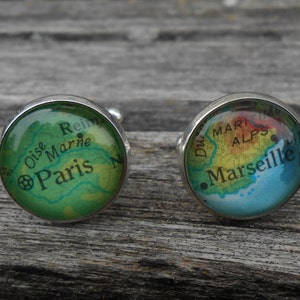 boutons de manchette vintage carte de la FRANCE. Paris et Marseille.  Mariage, cadeau de Noël pour homme, papa. Les commandes personnalisées sont les bienvenues. Irlande