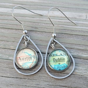 Custom Map Earrings.  CHOOSE YOUR PLACES.  Wedding,  Anniversary, Christmas Gift, Citizenship, Bridesmaid, Bridal.