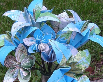 Vintage Map Paper Flower Bouquet. Origami Kusudama, Lily. Anniversary, Birthday, Centerpiece, Wedding