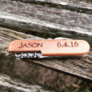 Custom Pocket Knife, Laser Engraved Wood. Wedding, Men, Groomsmen Gift, Dad, Anniversary. Knives. Fifth Anniversary Gift
