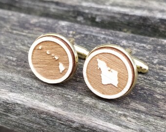 Wood STATE Cufflinks. HAWAII. Laser Engraved. Wedding, Men's, Groomsmen Gift, Dad. Custom Orders Welcome. Oahu, Honolulu