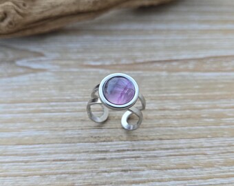 Fluorite Ring. Adjustable, 12mm, Stainless Steel. Gifts For Her, Mom Gift, Wedding, Christmas Gift, Anniversary Gift. Gift For Her