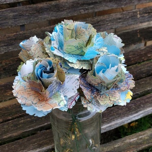 Map Flowers, Half Dozen. Wild Roses. Centerpiece, Wedding, Paper Flower Bouquet