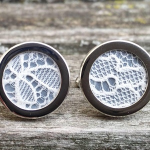 Wedding Dress LACE CUFFLINKS. Groomsmen Gift, Dad Gift, Memory Locket.  Custom Orders Welcome.