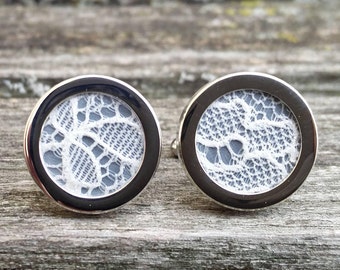 Wedding Dress LACE CUFFLINKS. Groomsmen Gift, Dad Gift, Memory Locket.  Custom Orders Welcome.