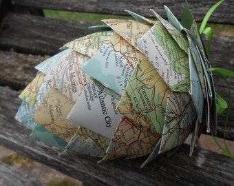 Vintage Map Paper Pinecone Ornament. Decoration, Christmas, Gift, Birthday, Anniversary, Wedding.