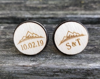 Custom Mountain Cufflinks. Personalized. Monogram, Date. Wedding, Groom Gift, Fifth Anniversary Gift. Groomsmen. Wood.