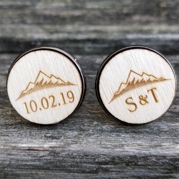 Custom Mountain Cufflinks. Personalized. Monogram, Date. Wedding, Groom Gift, Fifth Anniversary Gift. Groomsmen. Wood.