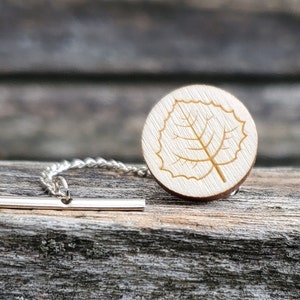 Aspen Leaf Tie Tack. Laser Engraved Wood. Wedding, Groom, Fifth Anniversary, Christmas.
