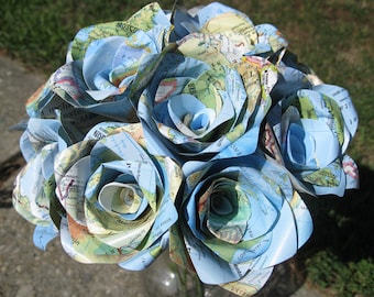 Vintage Map Paper Rose. CHOOSE YOUR AMOUNT. Anniversary, Birthday, Wedding Favor, Valentine, Home Decor. Map Roses