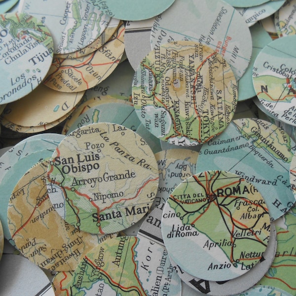 1000 Vintage Map Confetti. Turquoise, Ivory, Ochre, Beige, Green. World Map. Or CHOOSE YOUR MAP. Heart Shaped. Custom Orders Welcome.