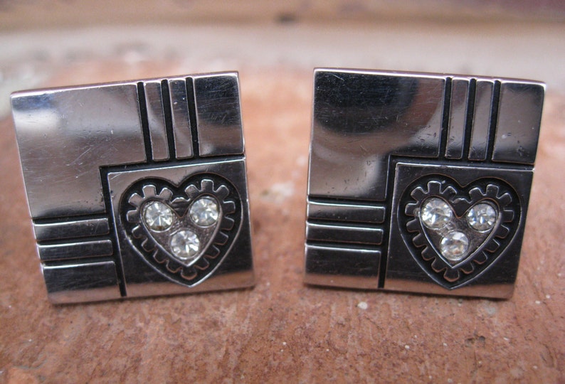 Vintage Heart & Rhinestone Cufflinks. Silver Tone.Wedding, Men's, Groomsmen Gift, Dad. CUSTOM ORDERS Welcome image 2