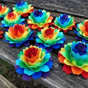 Rainbow Dahlia Paper Flowers. ROYGBIV. Cake Topper, Wedding Favors, Gift, Decoration, Anniversary, Birthday, Gay Pride.