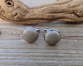 Petoskey Manschettenknöpfe. 16mm. Versteinerte Koralle. Hochzeit, Groomsmen Geschenk, Weihnachtsgeschenk, Geschenk für Papa. Missouri Geschenk