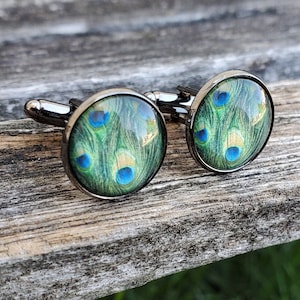 Peacock Cufflinks. Wedding, Groom, Christmas Gift, Dad. Anniversary, Birthday