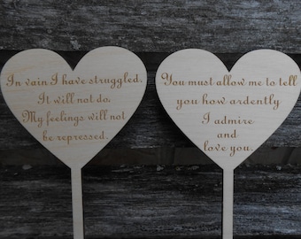 Adorno para tarta con la propuesta del señor Darcy, Jane Austen, Orgullo y prejuicio. Rústico, grabado con láser. Libro, literatura. Madera