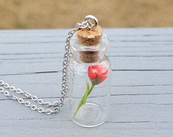 Glass Bottle Rose Necklace. Gift For Mom, Anniversary Gift. Birthday. Mom Gift. Glass Vial, Flower Necklace