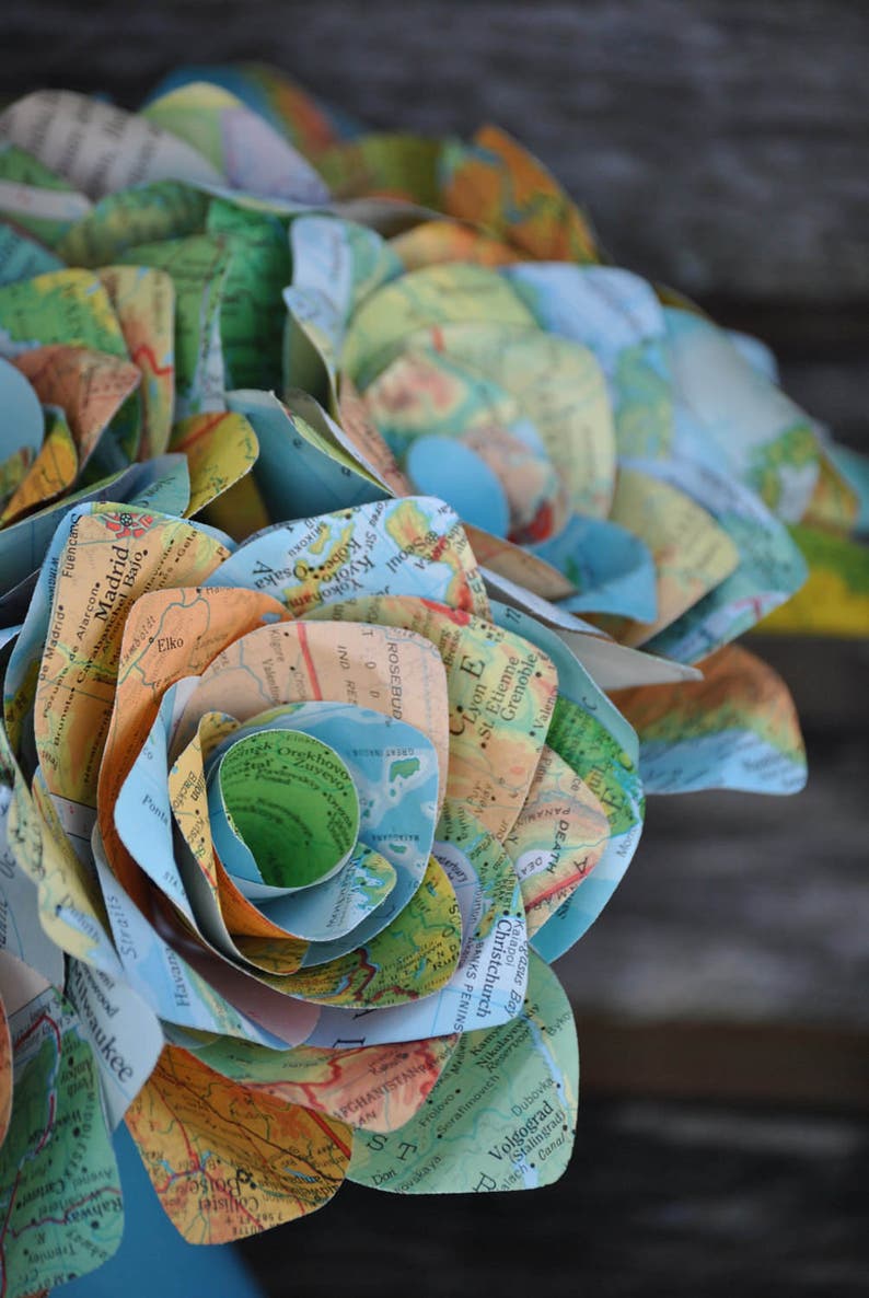 One Dozen Vintage MAP Paper Roses. Handmade Bouquet. Other Colors Available. CUSTOM ORDERS Welcome. image 5