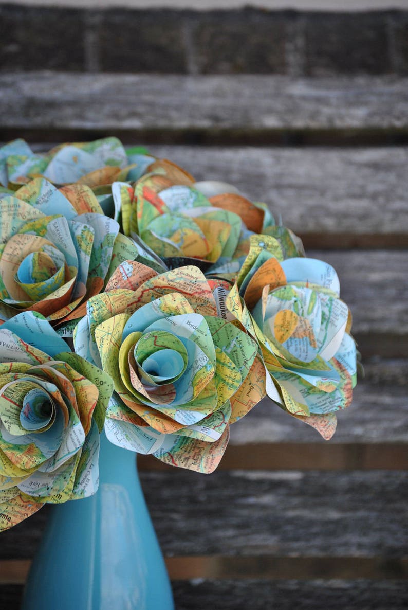 One Dozen Vintage MAP Paper Roses. Handmade Bouquet. Other Colors Available. CUSTOM ORDERS Welcome. image 1