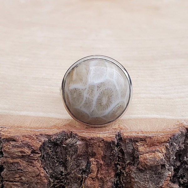 Petoskey Stone Ring. Silver Colored. Fossilized Coral. Wedding, Christmas Gift, Anniversary Gift. Michigan