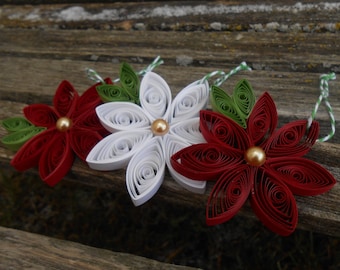 Quilled Poinsettia Christmas Ornaments. SET of THREE. Paper Ornament. Gift For Mom, Dad. Tree Decoration