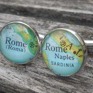 Manchetknopen vintage kaart ROME. Bruiloft, kerstcadeau heren, vader. Verzilverd. Aangepaste bestellingen welkom.